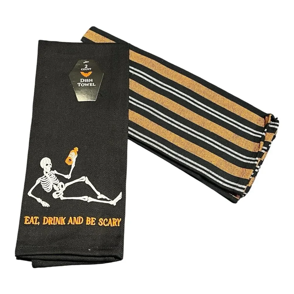 Eat, Drink, and Be Scary! Halloween Kitchen Towels (2) OKEO-TEX® Cert Skeleton